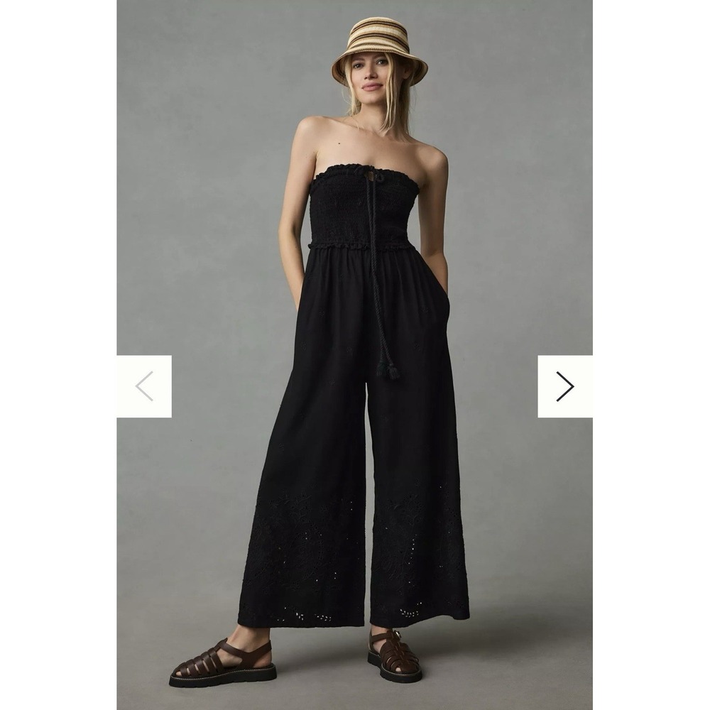 Anthropologie Strapless Eyelet Linen Blend Wide Leg Jumpsuit Coastal Vacation